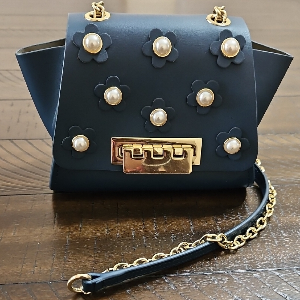 Zac Posen Navy Pearl Flower Chain Crossbody Bag